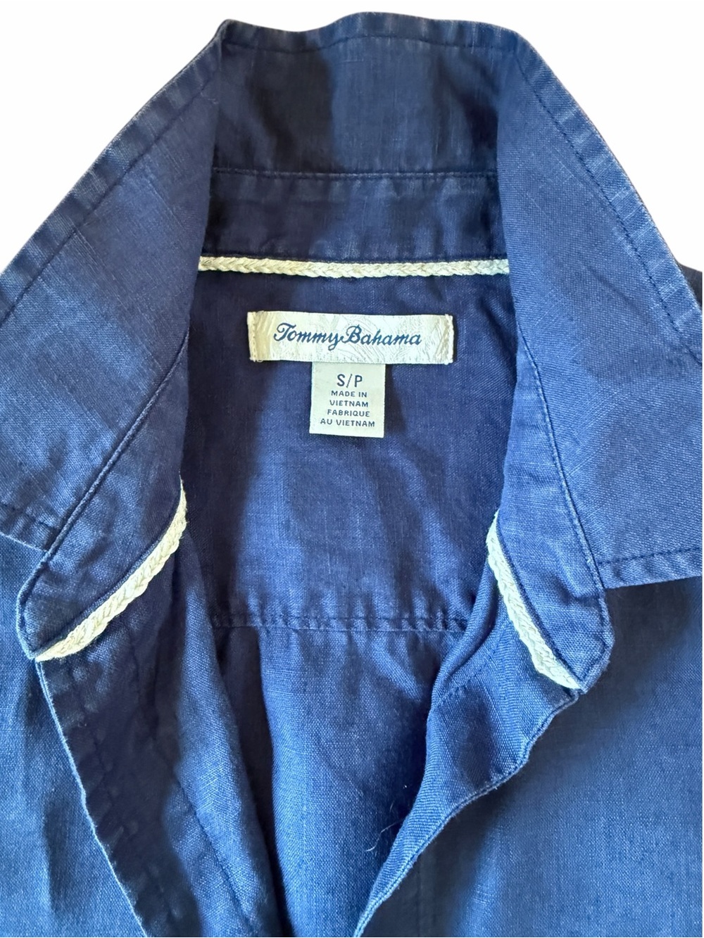 Tommy Bahama Navy Linen Button Down Shirt Braided Trim